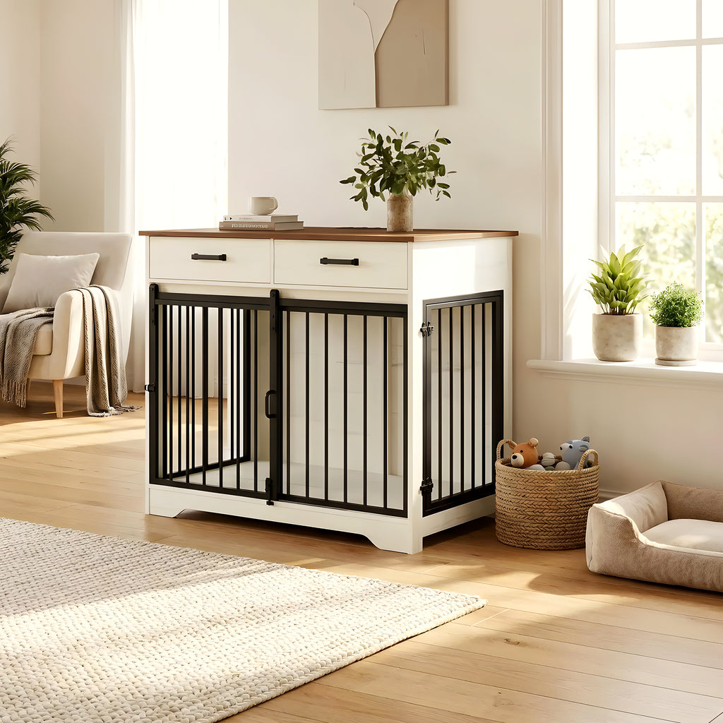 Meuble cage avec prises USB et tiroirs pour chien