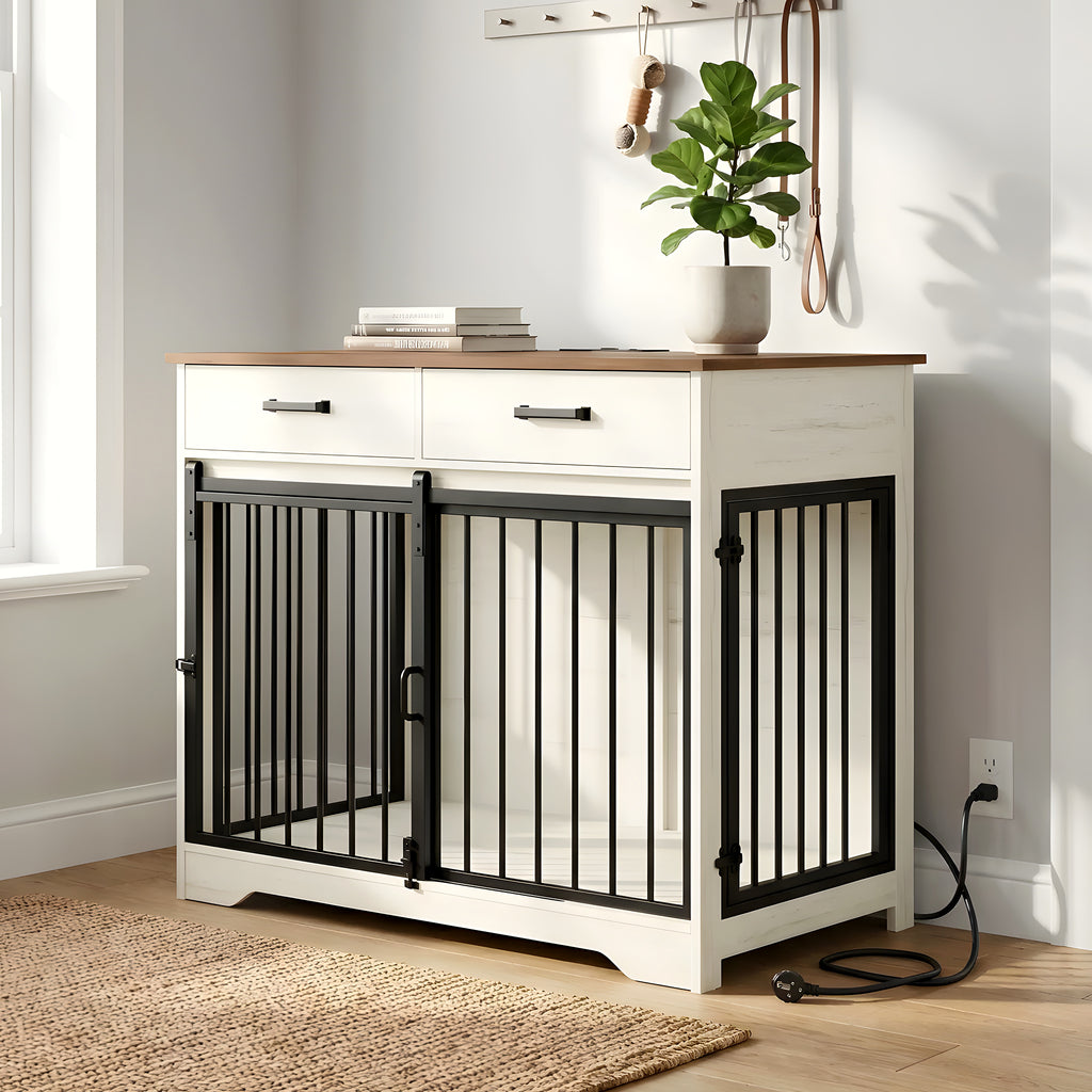 Meuble cage avec prises USB et tiroirs pour chien