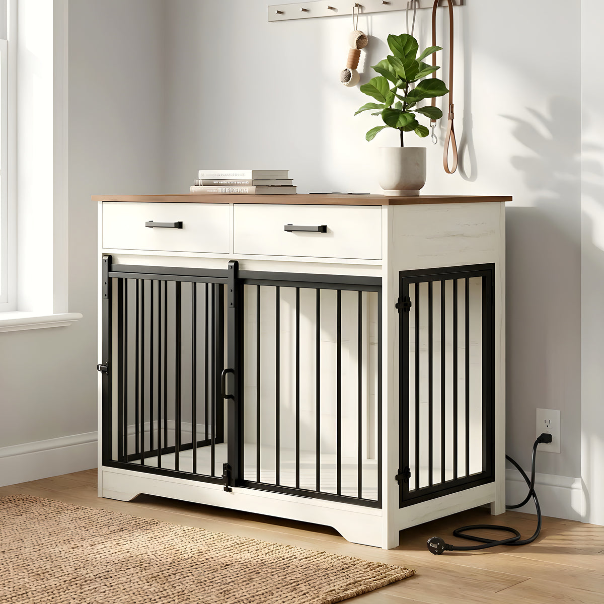 Meuble cage avec prises USB et tiroirs pour chien