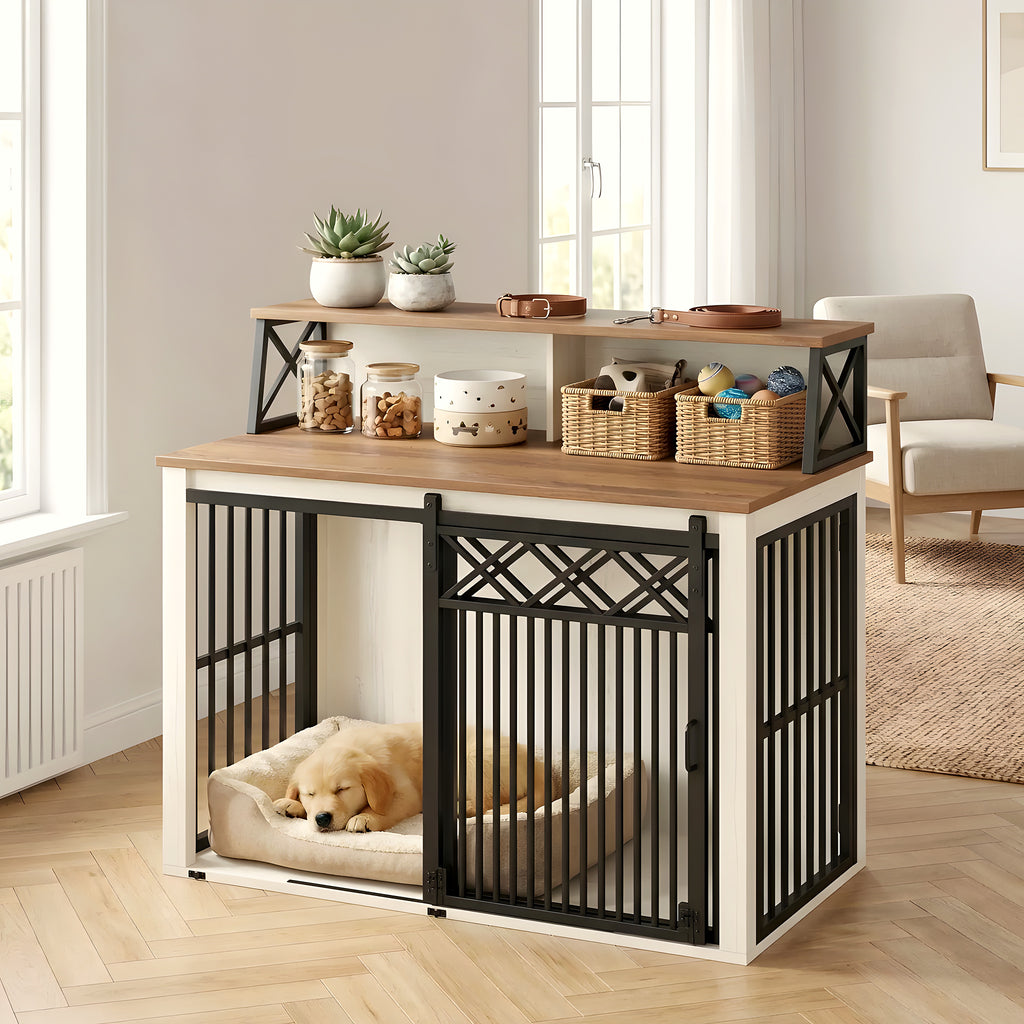 Meuble cage design blanc et bois pour chien