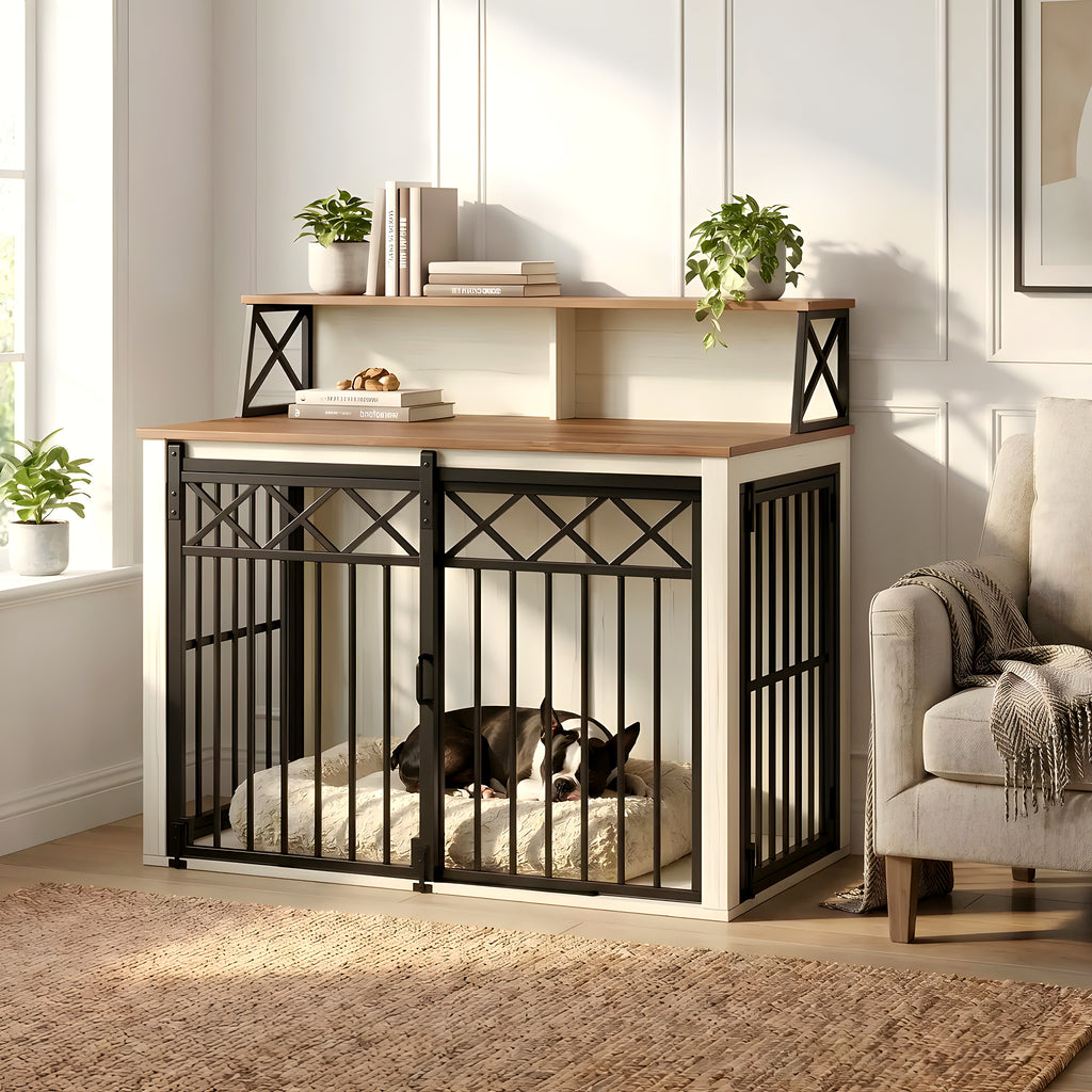 Meuble cage design blanc et bois pour chien