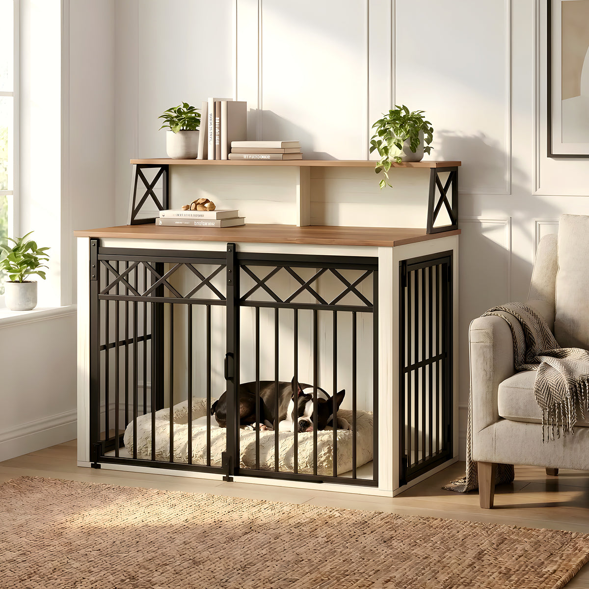 Meuble cage design blanc et bois pour chien