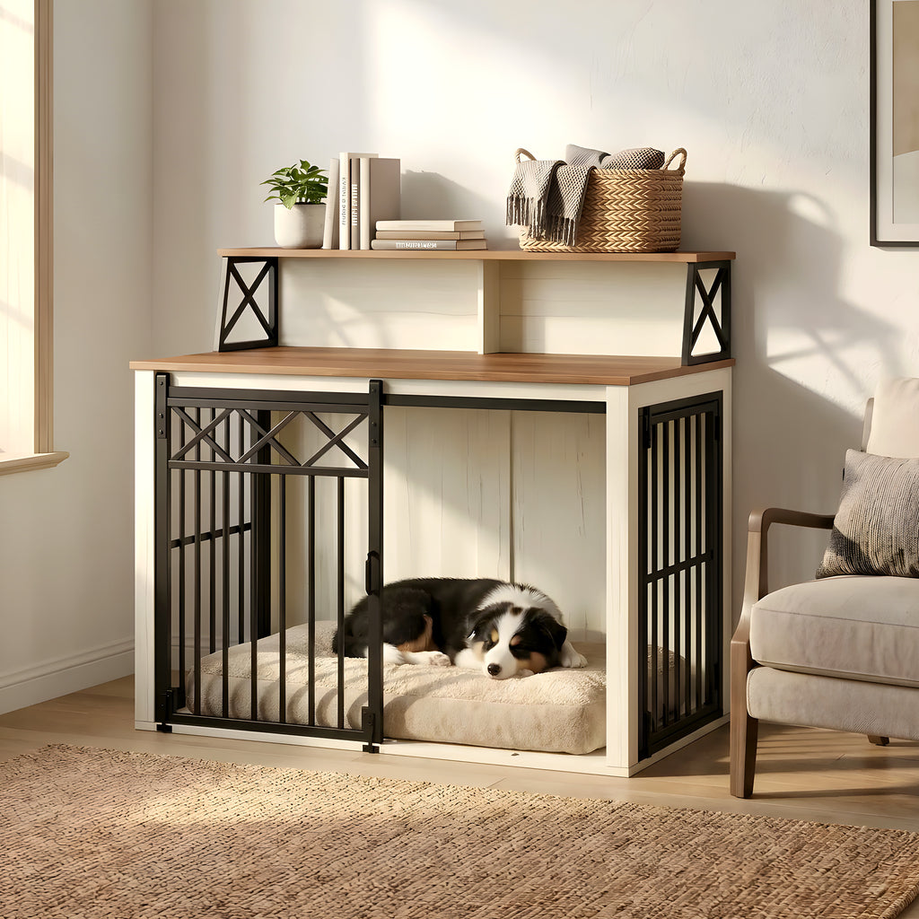 Meuble cage design blanc et bois pour chien