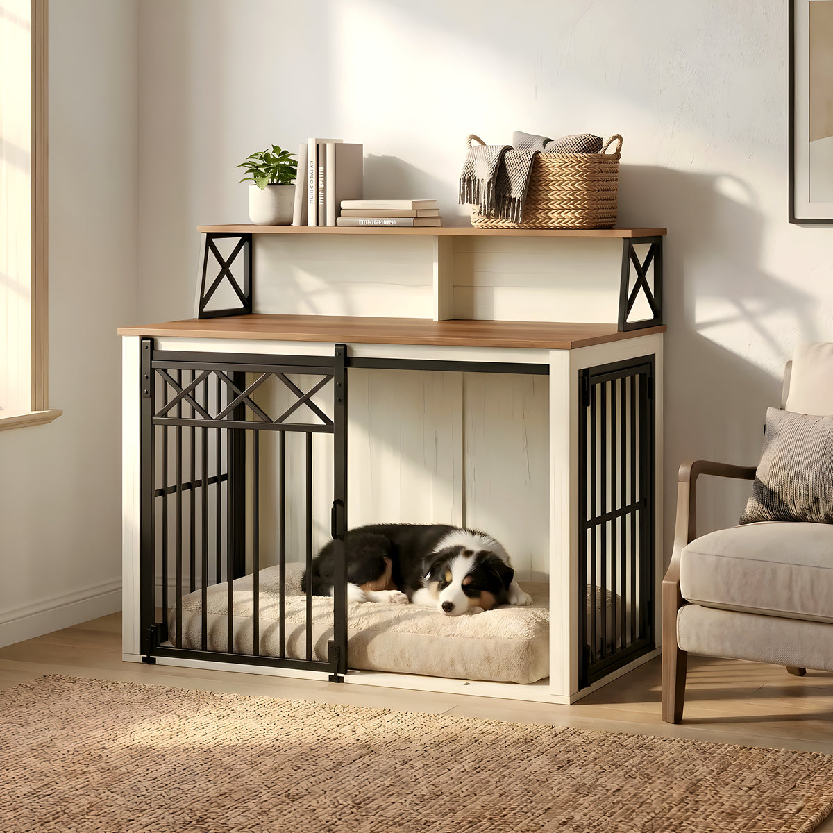 Meuble cage design blanc et bois pour chien