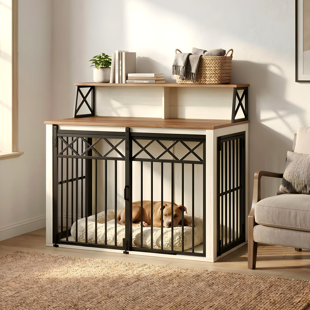 Meuble cage design blanc et bois pour chien