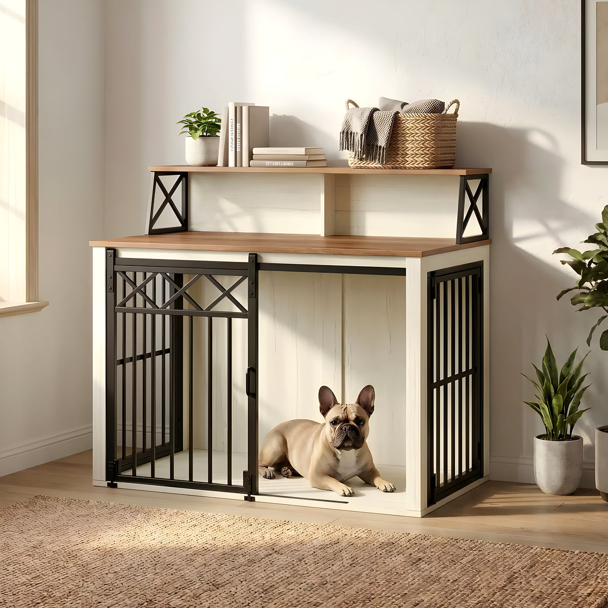 Meuble cage design blanc et bois pour chien