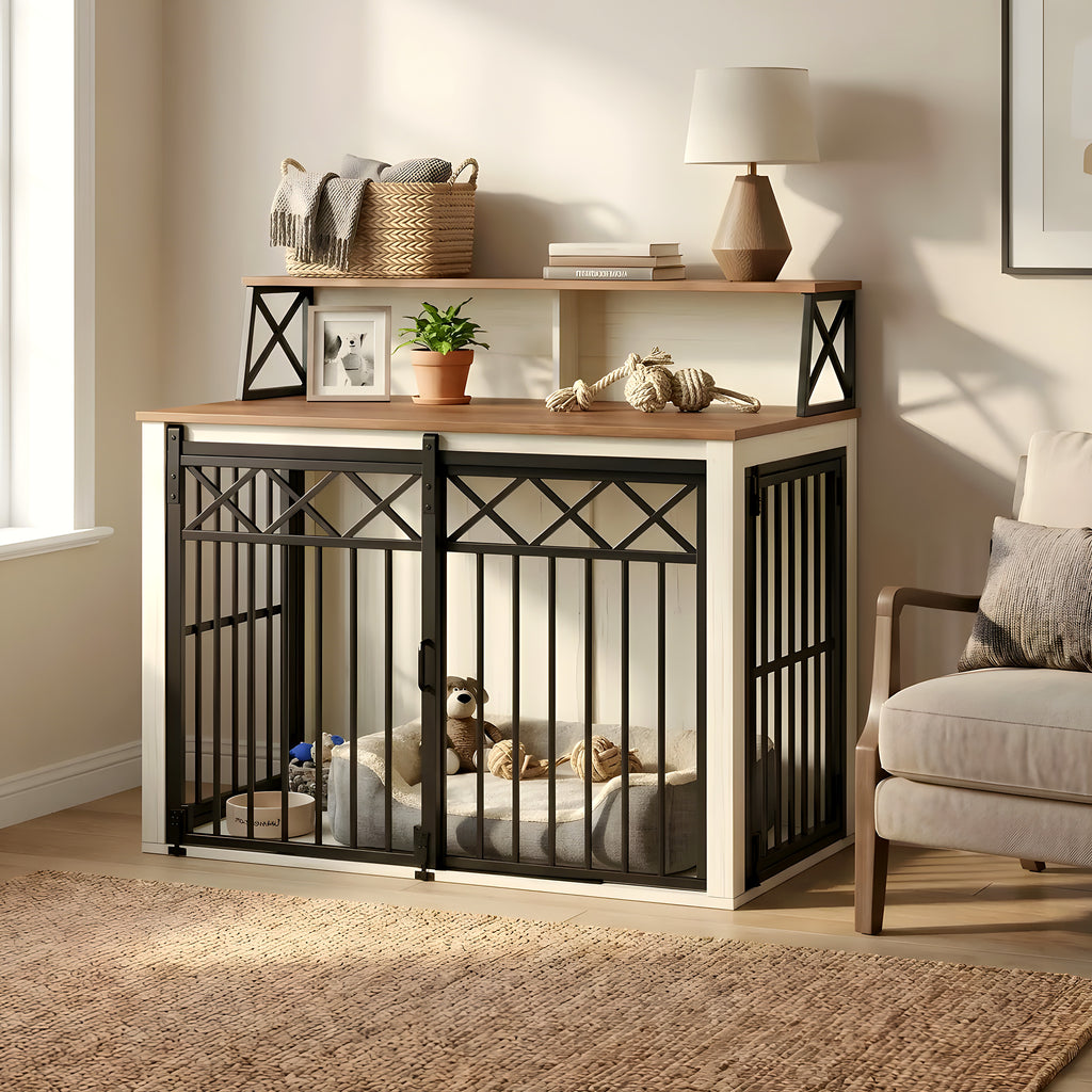 Meuble cage design blanc et bois pour chien