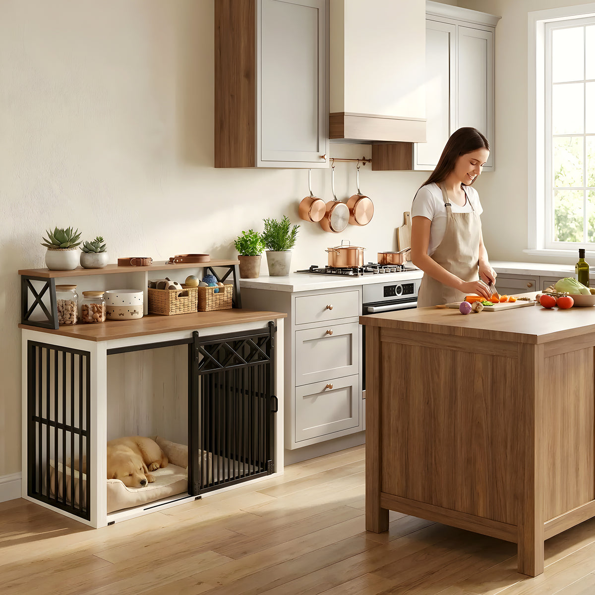 Meuble cage design blanc et bois pour chien