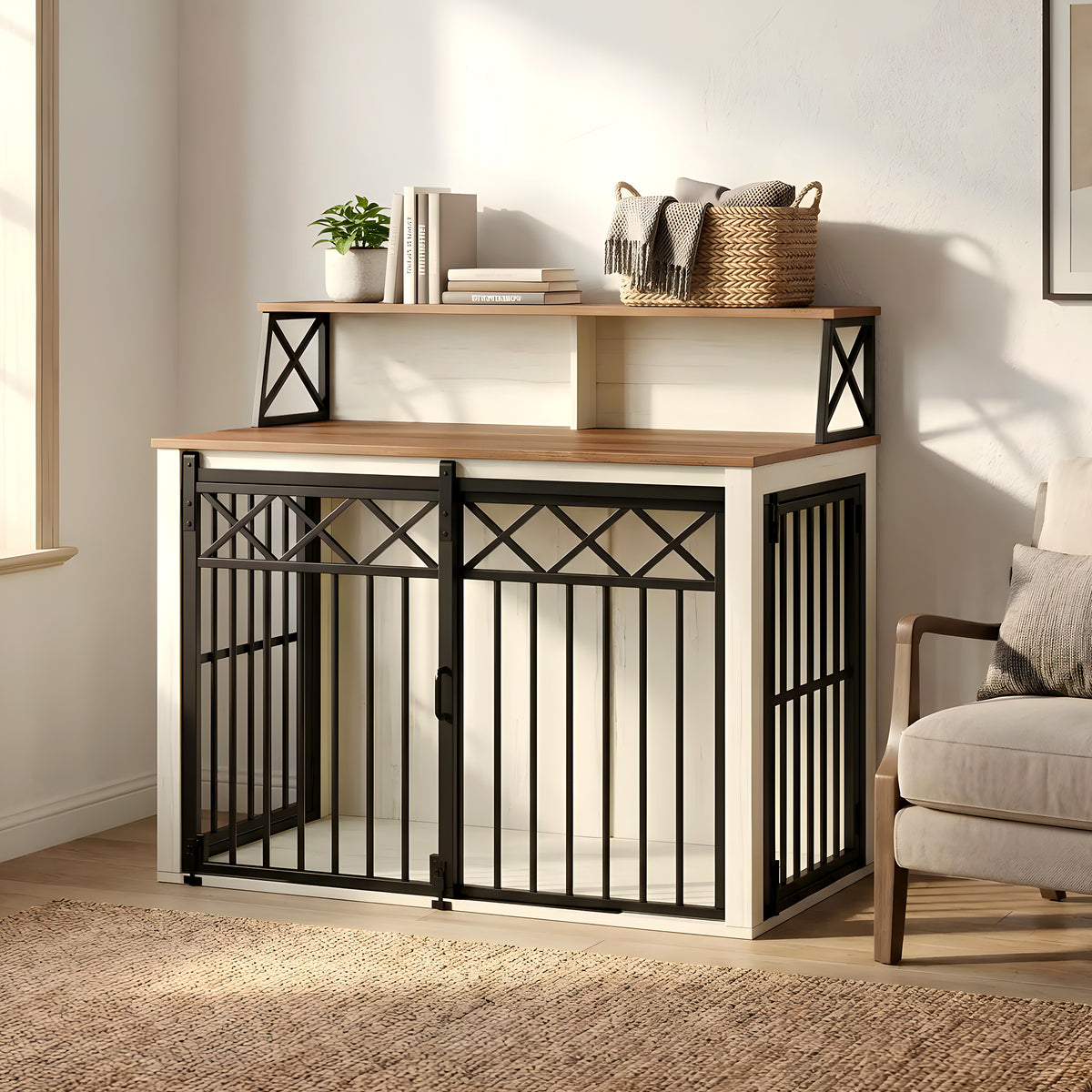 Meuble cage design blanc et bois pour chien