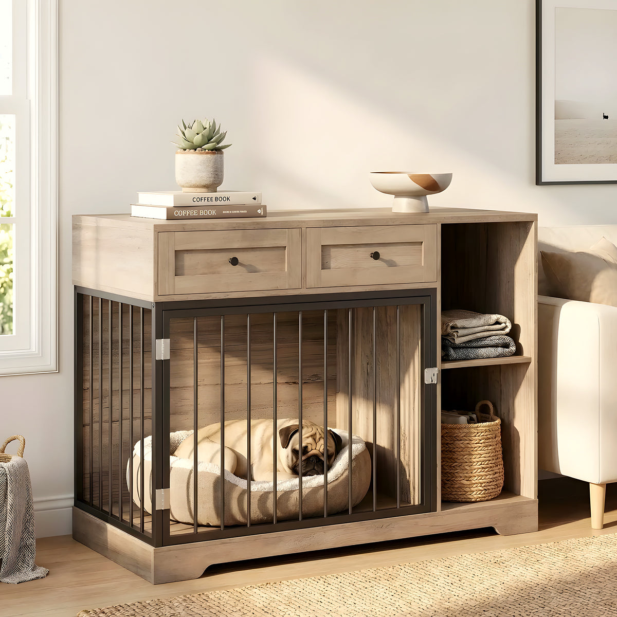 Meuble cage double pour chien avec rangements