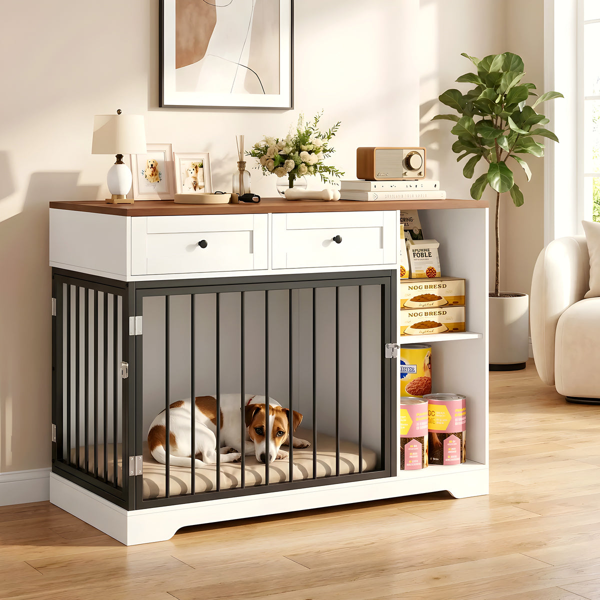 Meuble cage double pour chien avec rangements