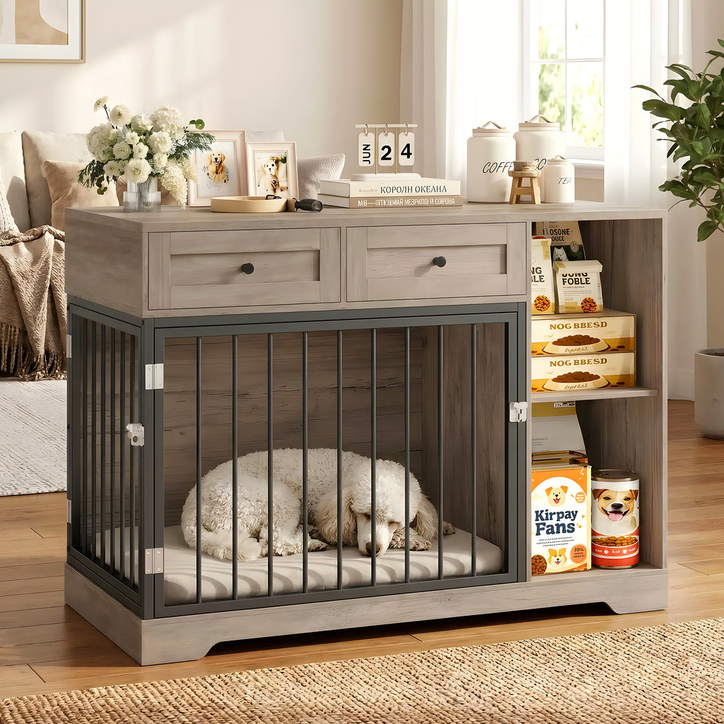 Meuble cage double pour chien avec rangements