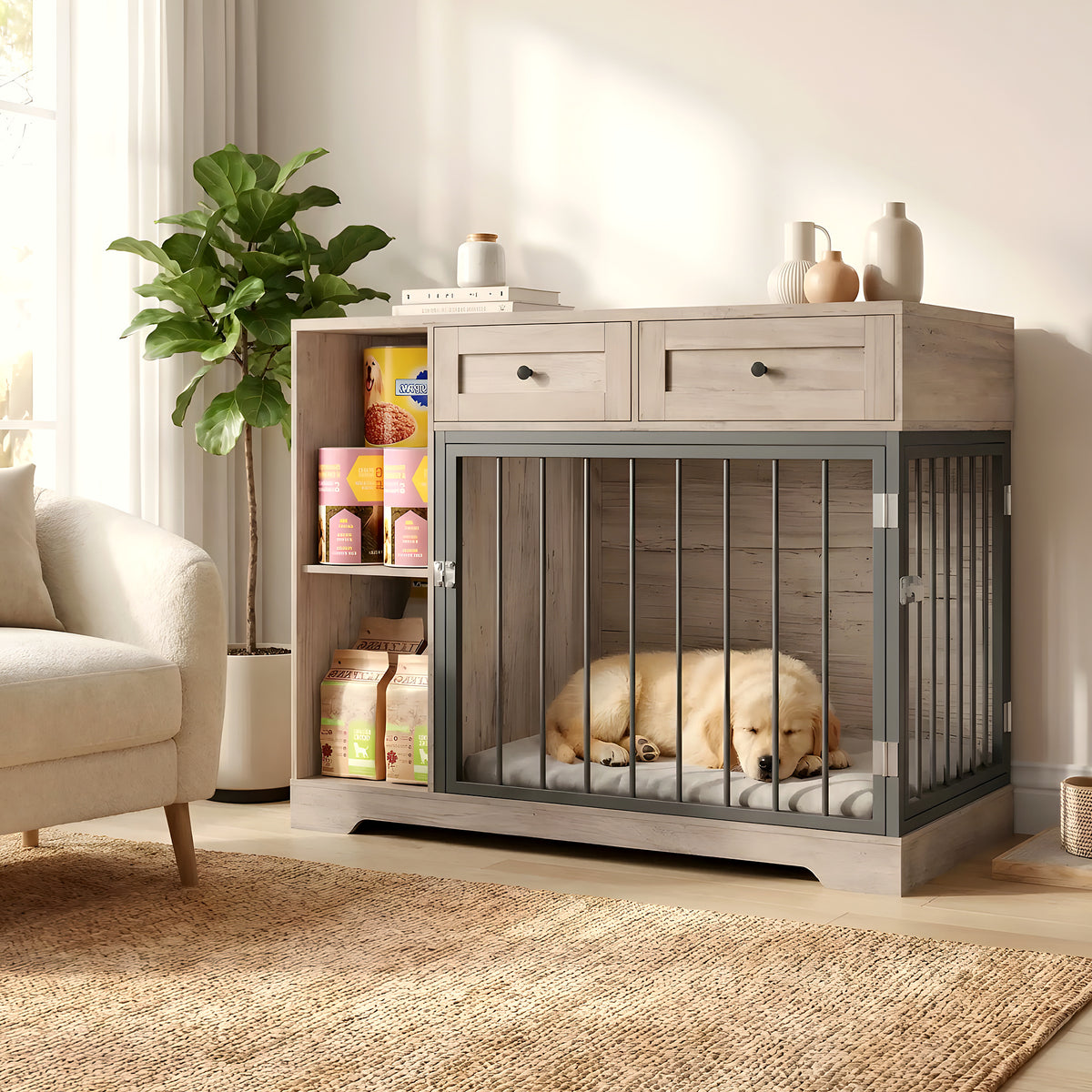 Meuble cage double pour chien avec rangements