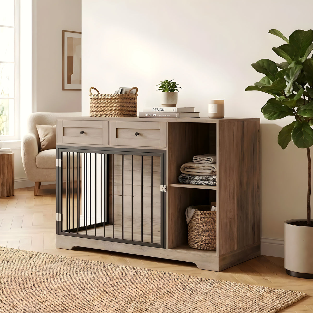 Meuble cage double pour chien avec rangements