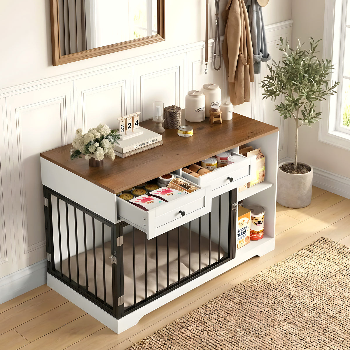 Meuble cage double pour chien avec rangements