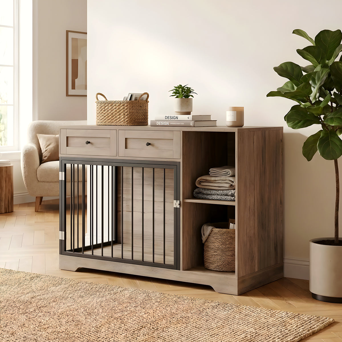 Meuble cage double pour chien avec rangements