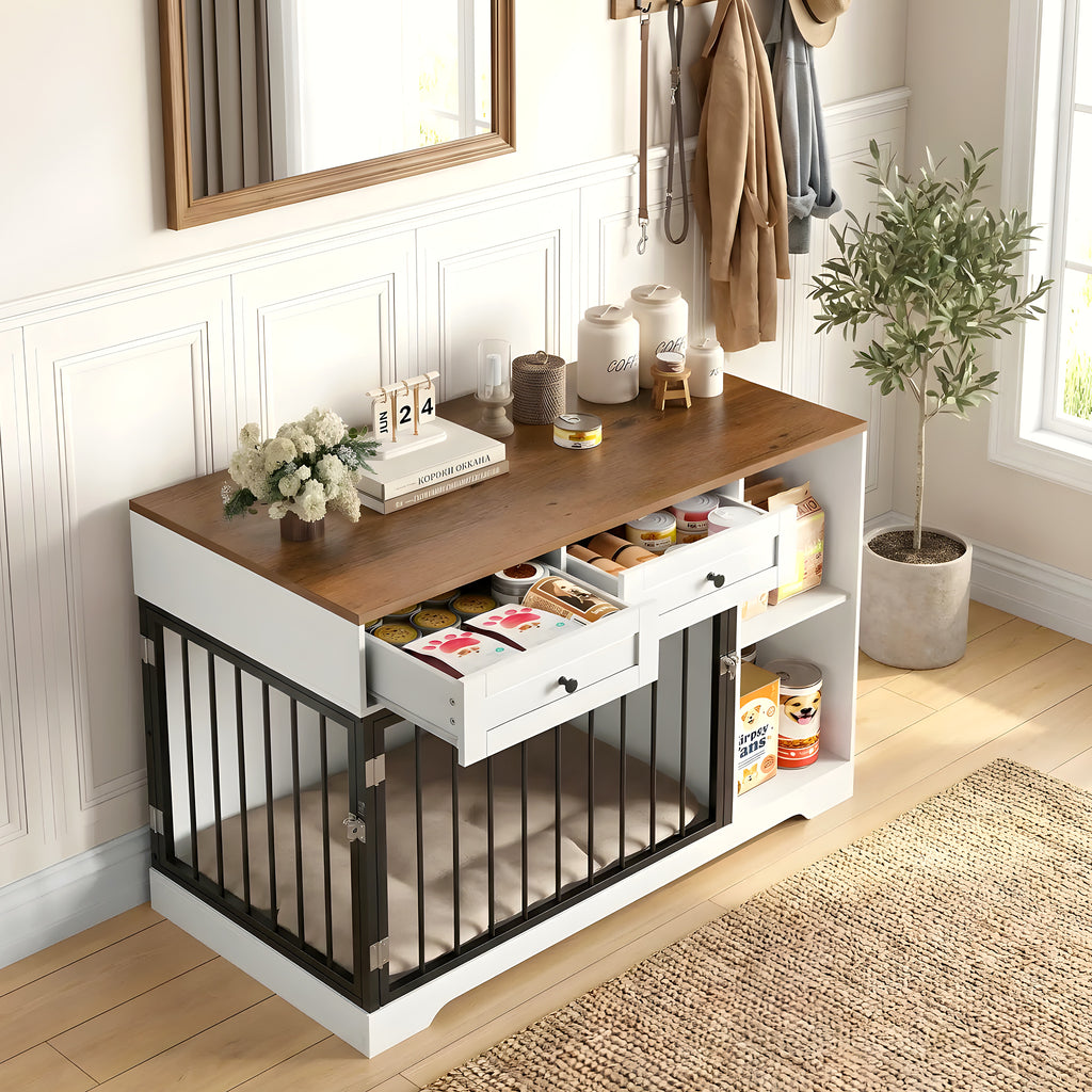 Meuble cage double pour chien avec rangements