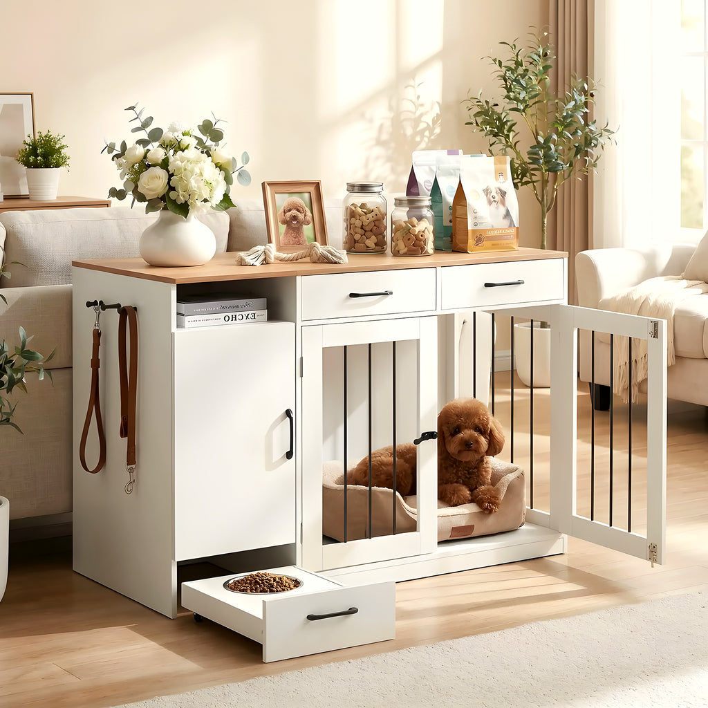 Meuble cage en bois avec station repas et 2 gamelles