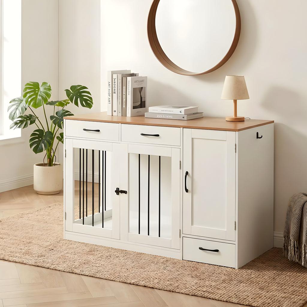 Meuble cage en bois avec station repas et 2 gamelles