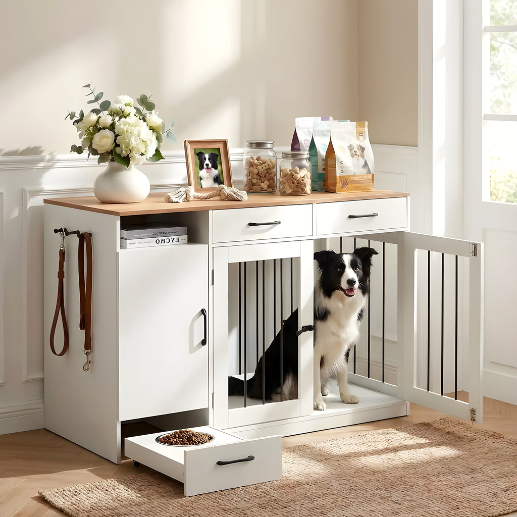 Meuble cage en bois avec station repas et 2 gamelles