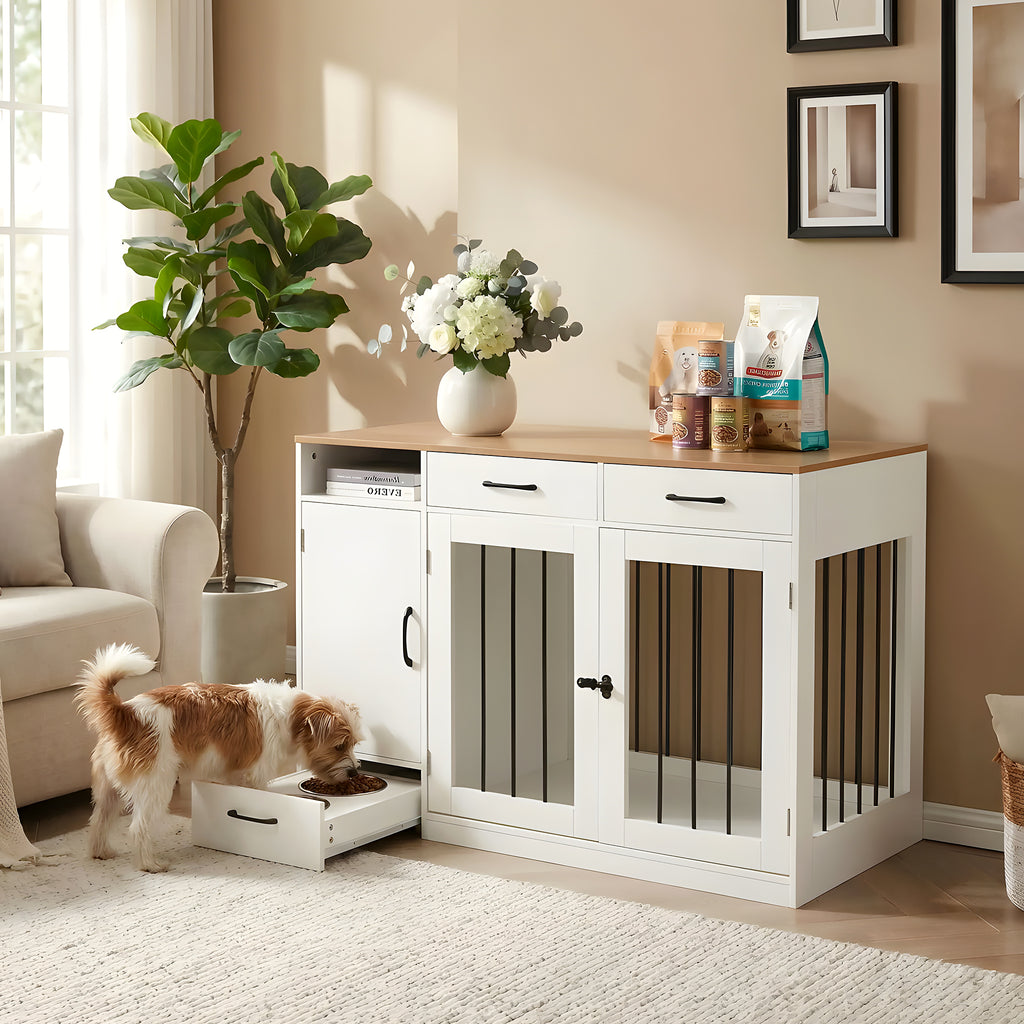 Meuble cage en bois avec station repas et 2 gamelles