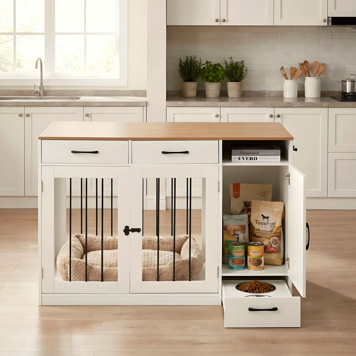 Meuble cage en bois avec station repas et 2 gamelles