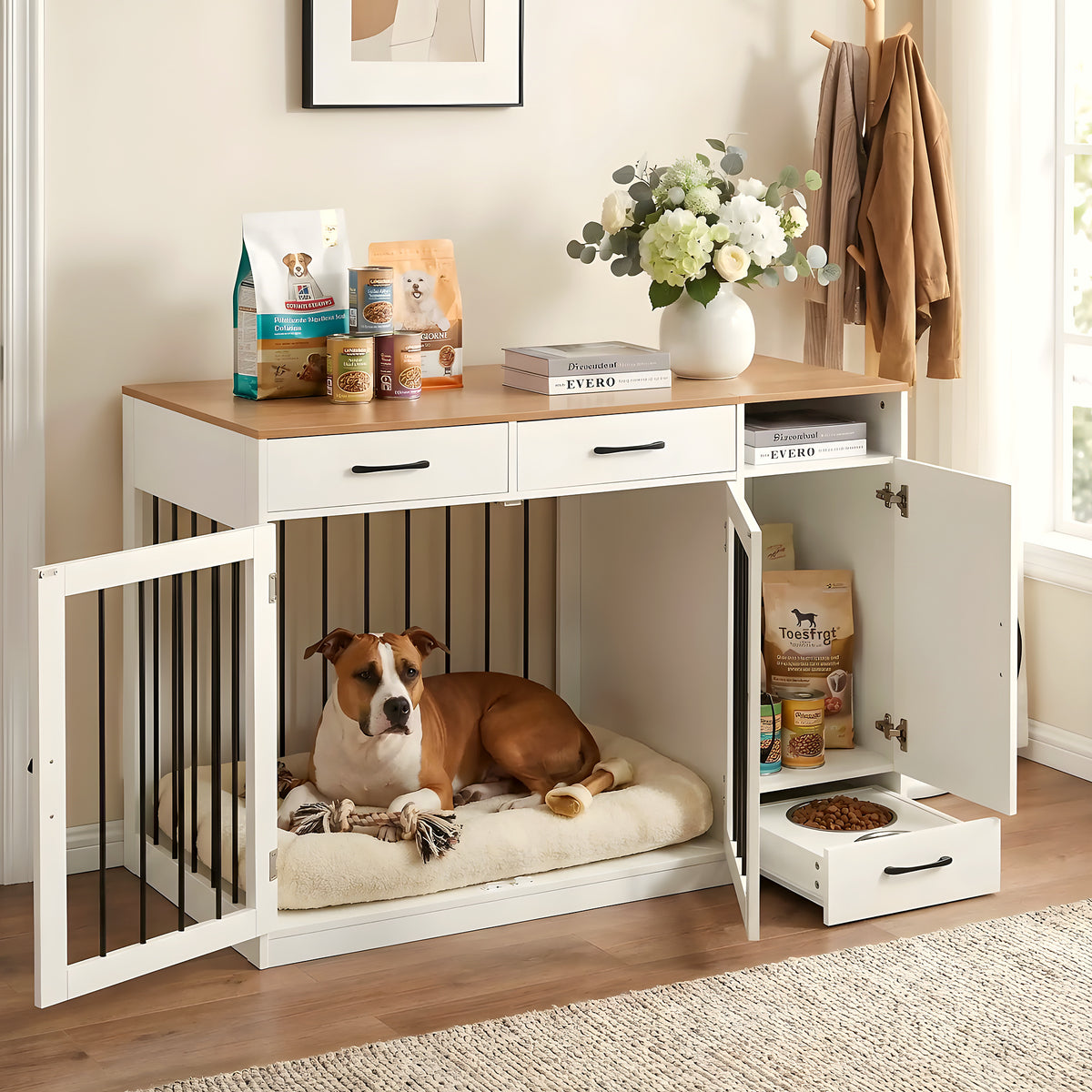 Meuble cage en bois avec station repas et 2 gamelles