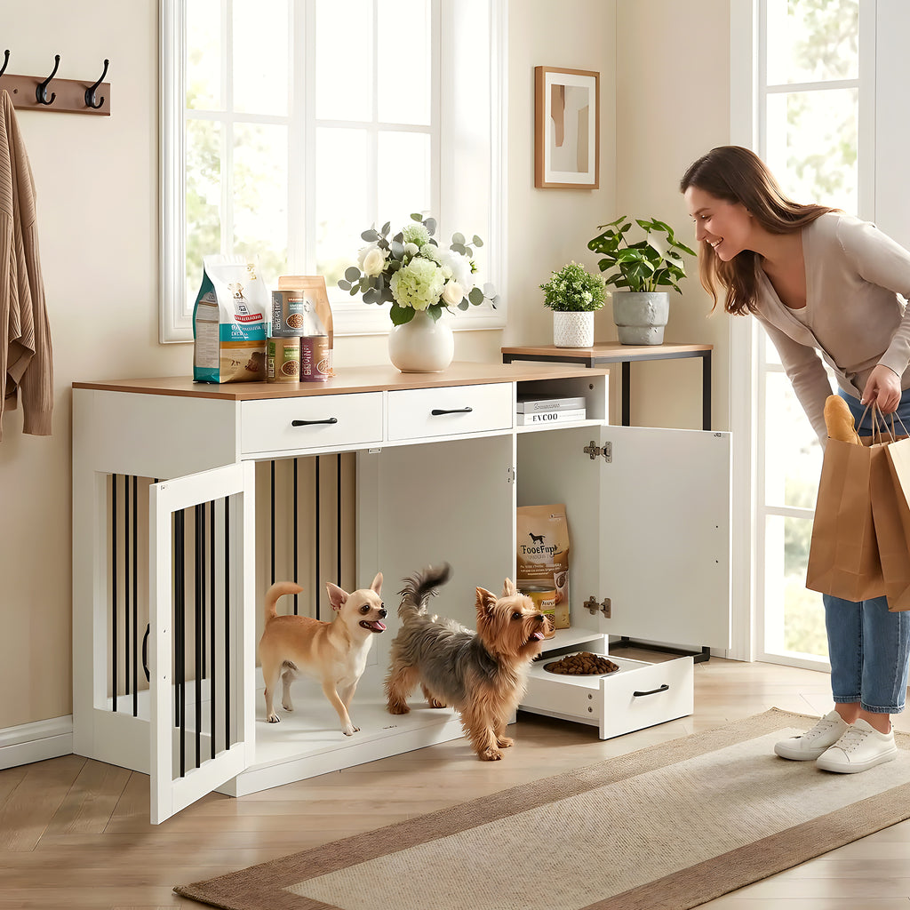 Meuble cage en bois avec station repas et 2 gamelles