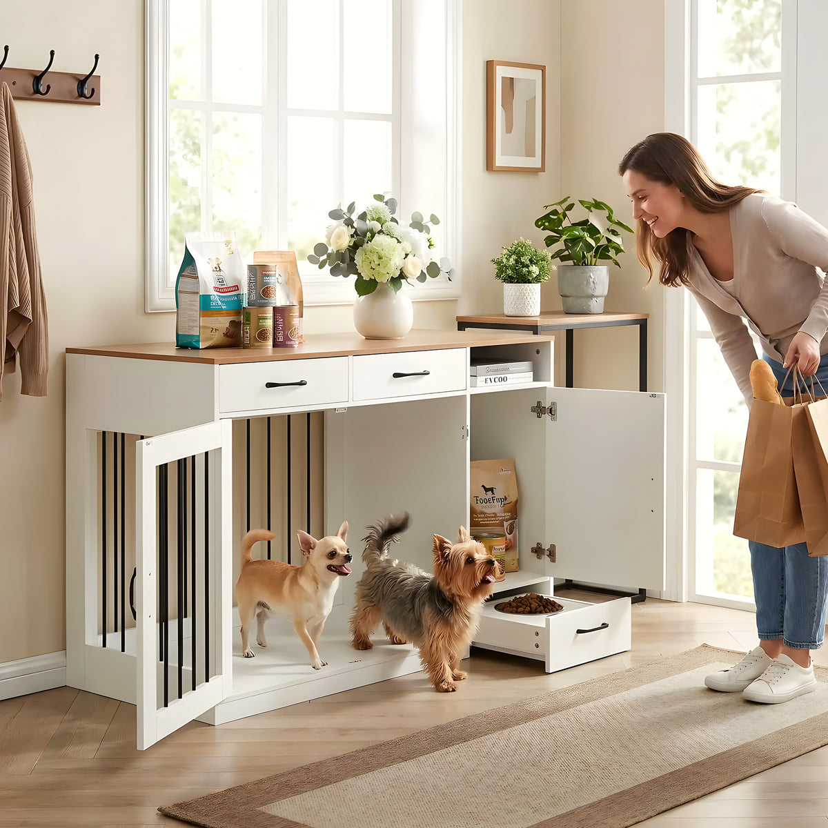 Meuble cage en bois avec station repas et 2 gamelles