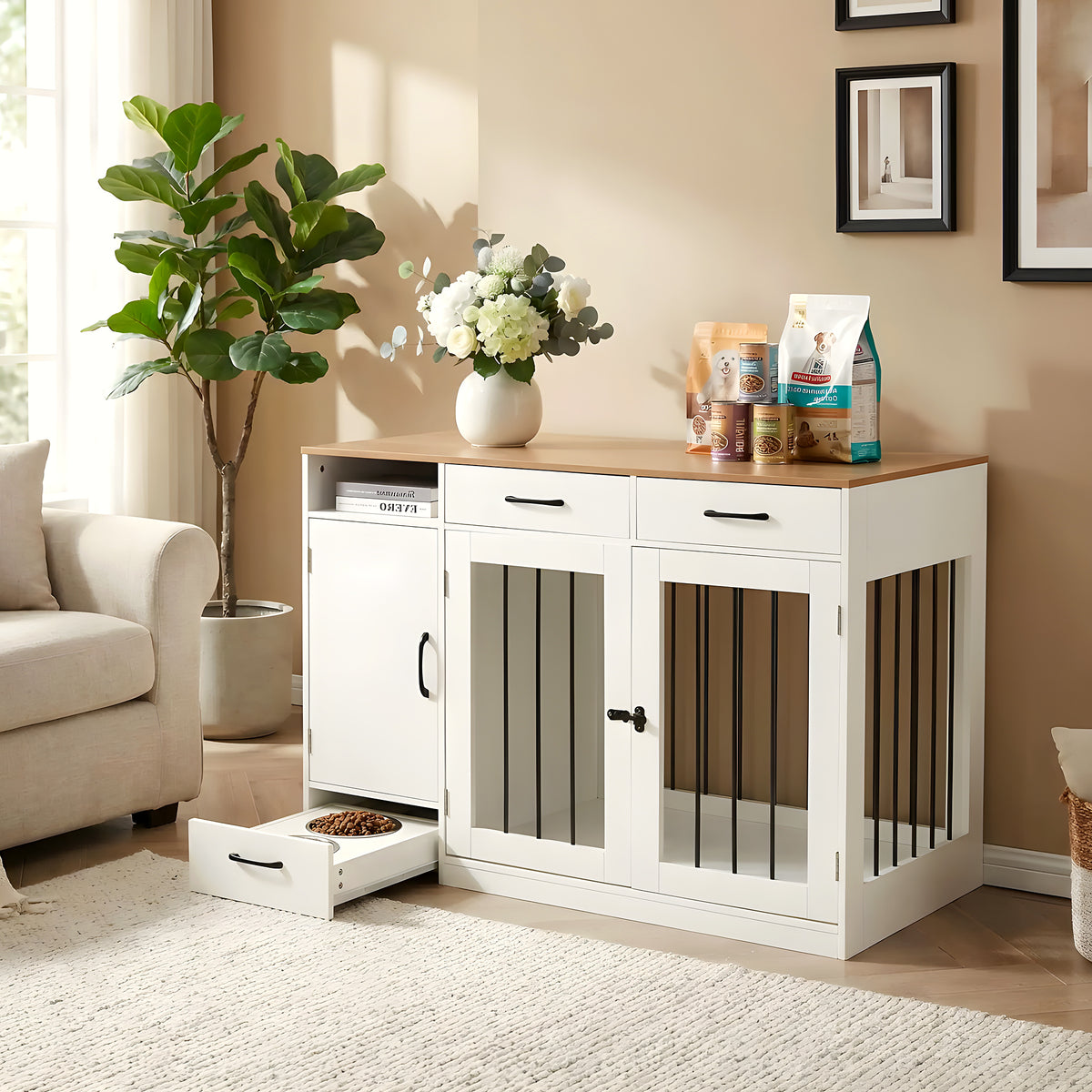 Meuble cage en bois avec station repas et 2 gamelles
