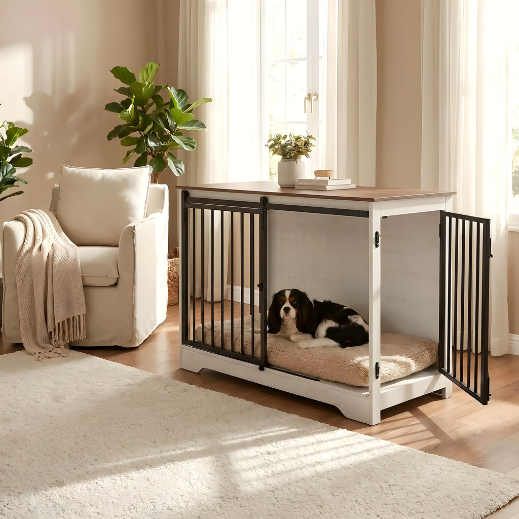 Meuble niche blanc avec porte coulissante et verrou