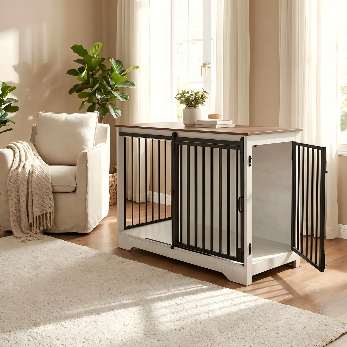 Meuble niche blanc avec porte coulissante et verrou