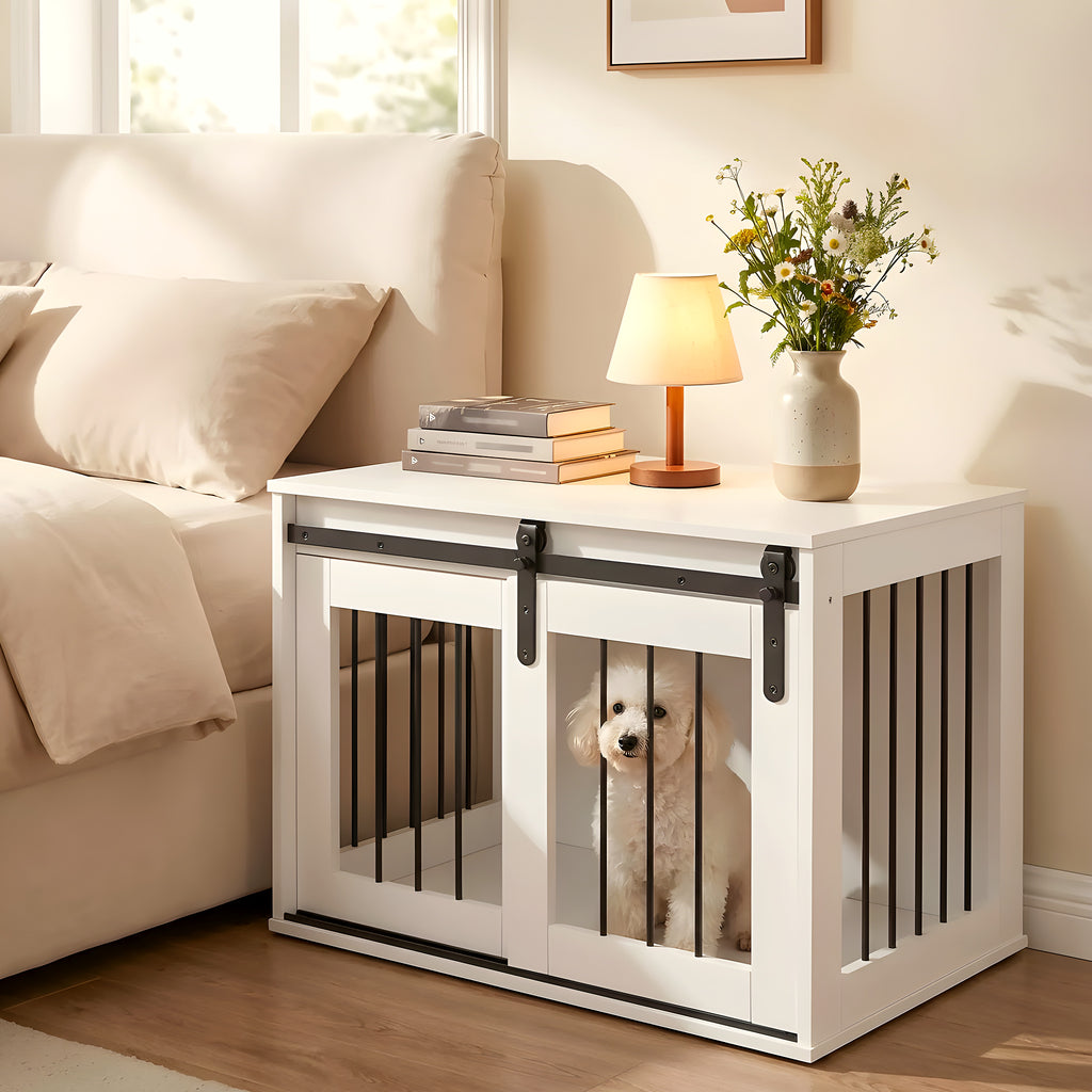 Meuble niche blanc et acier noir avec porte coulissante