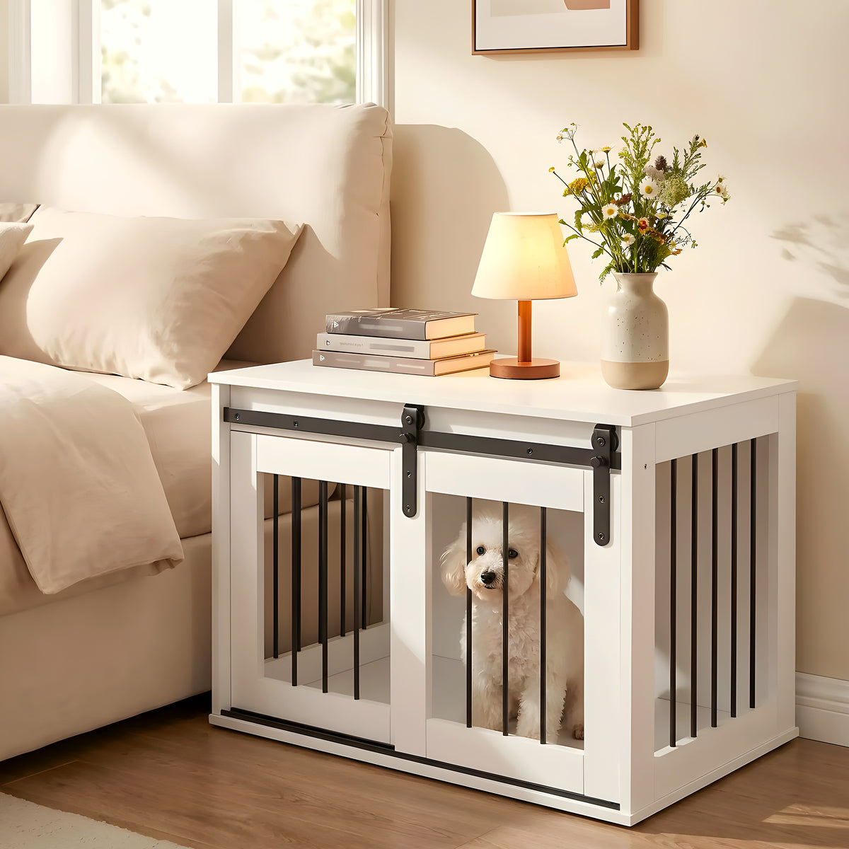 Meuble niche blanc et acier noir avec porte coulissante