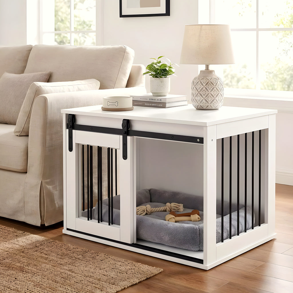 Meuble niche blanc et acier noir avec porte coulissante