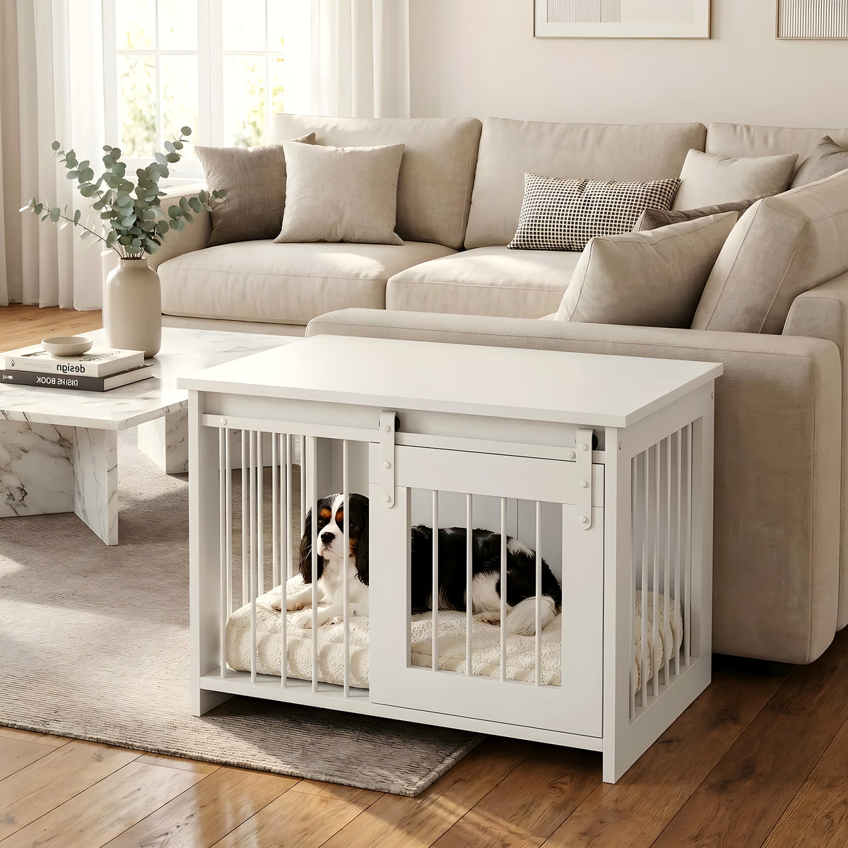 Meuble niche blanc et acier noir avec porte coulissante
