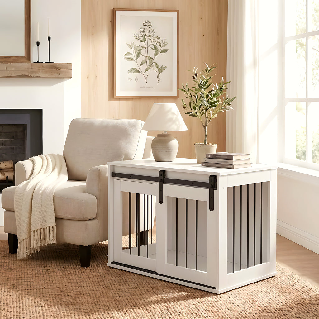 Meuble niche blanc et acier noir avec porte coulissante
