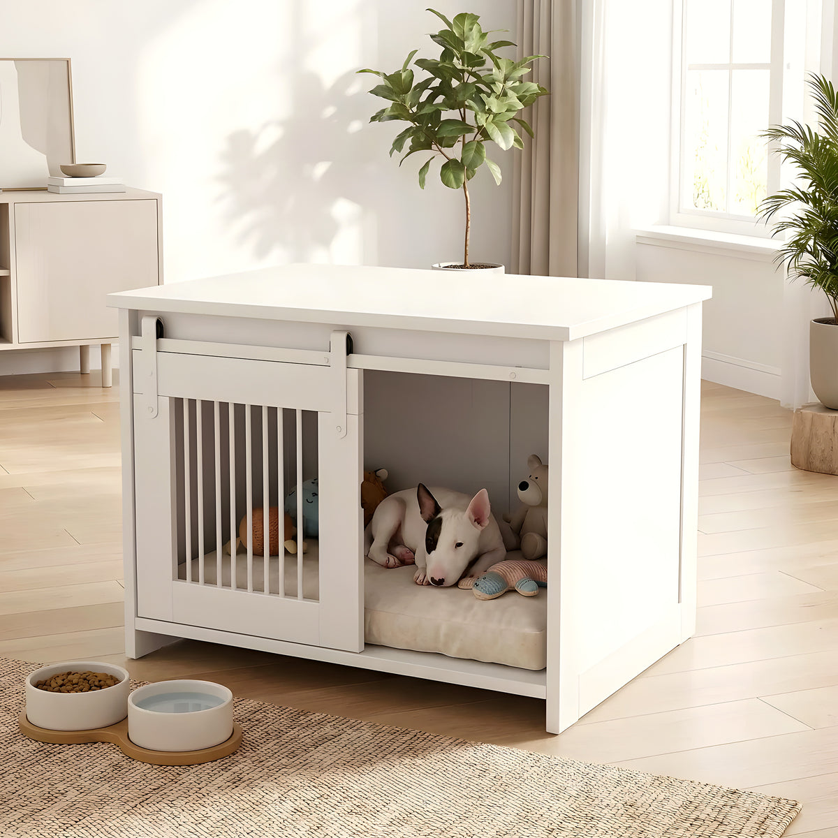 Meuble niche blanc et acier noir avec porte coulissante