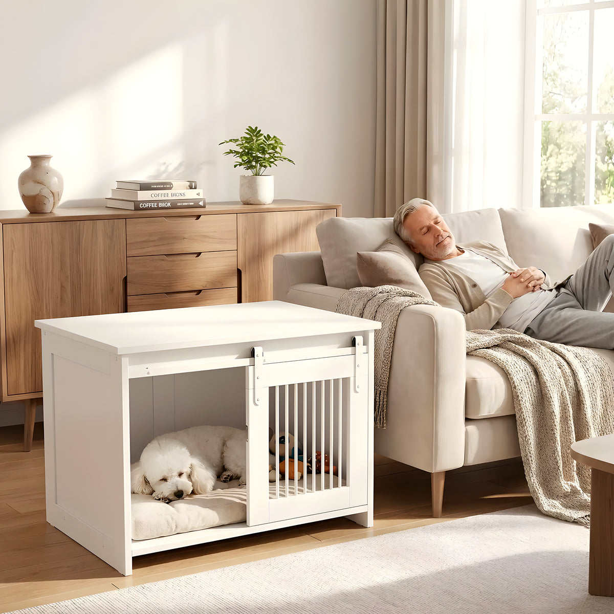Meuble niche blanc et acier noir avec porte coulissante