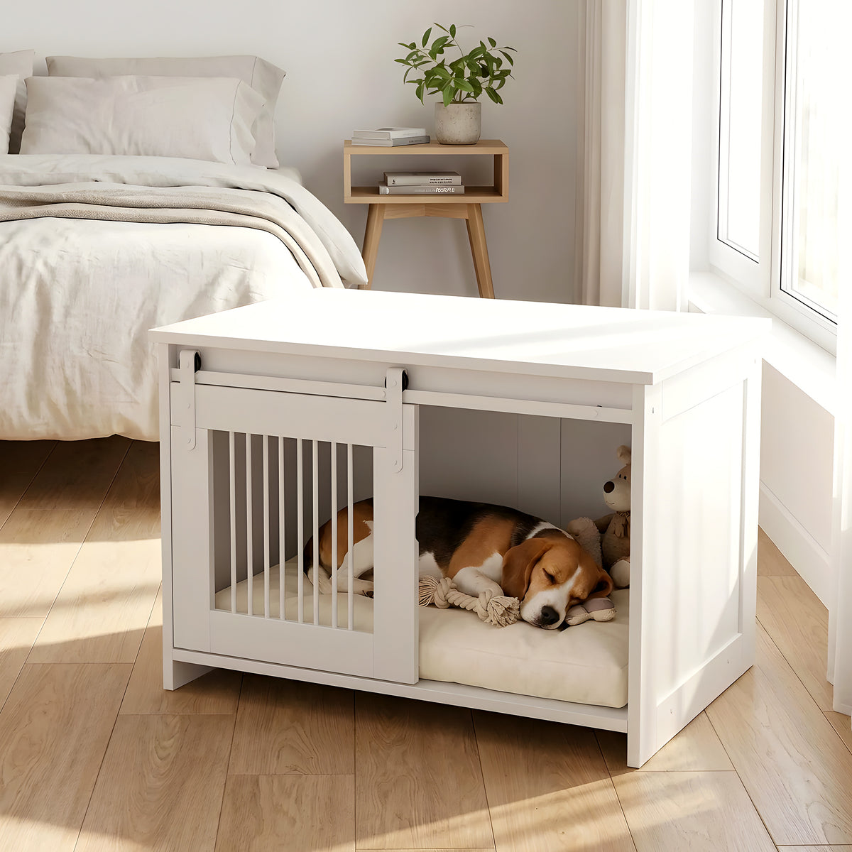 Meuble niche blanc et acier noir avec porte coulissante