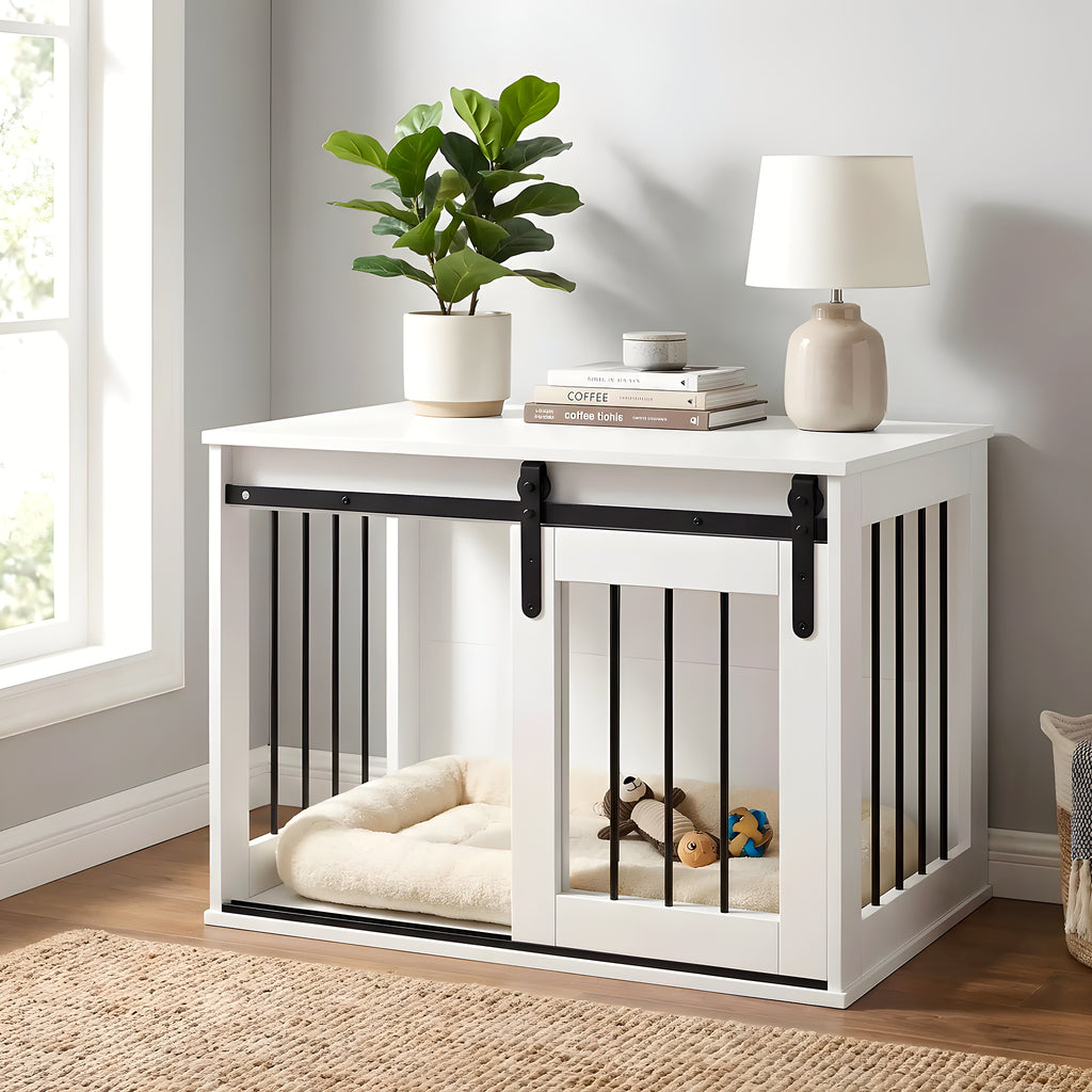 Meuble niche blanc et acier noir avec porte coulissante