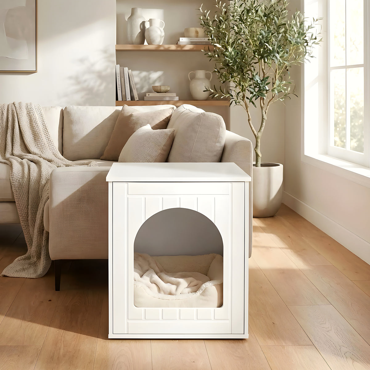 Meuble niche compact en bois blanc pour mini chien