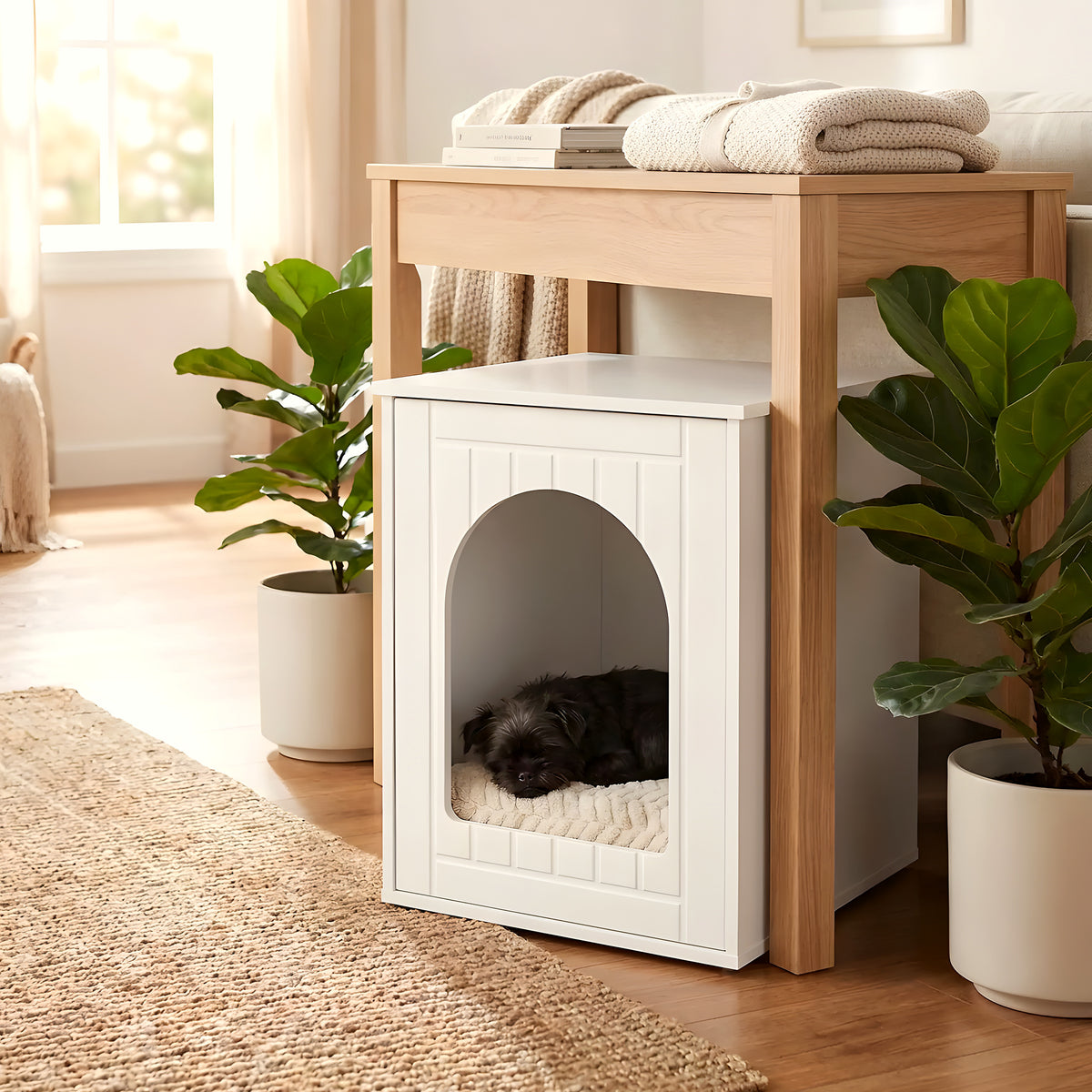 Meuble niche compact en bois blanc pour mini chien