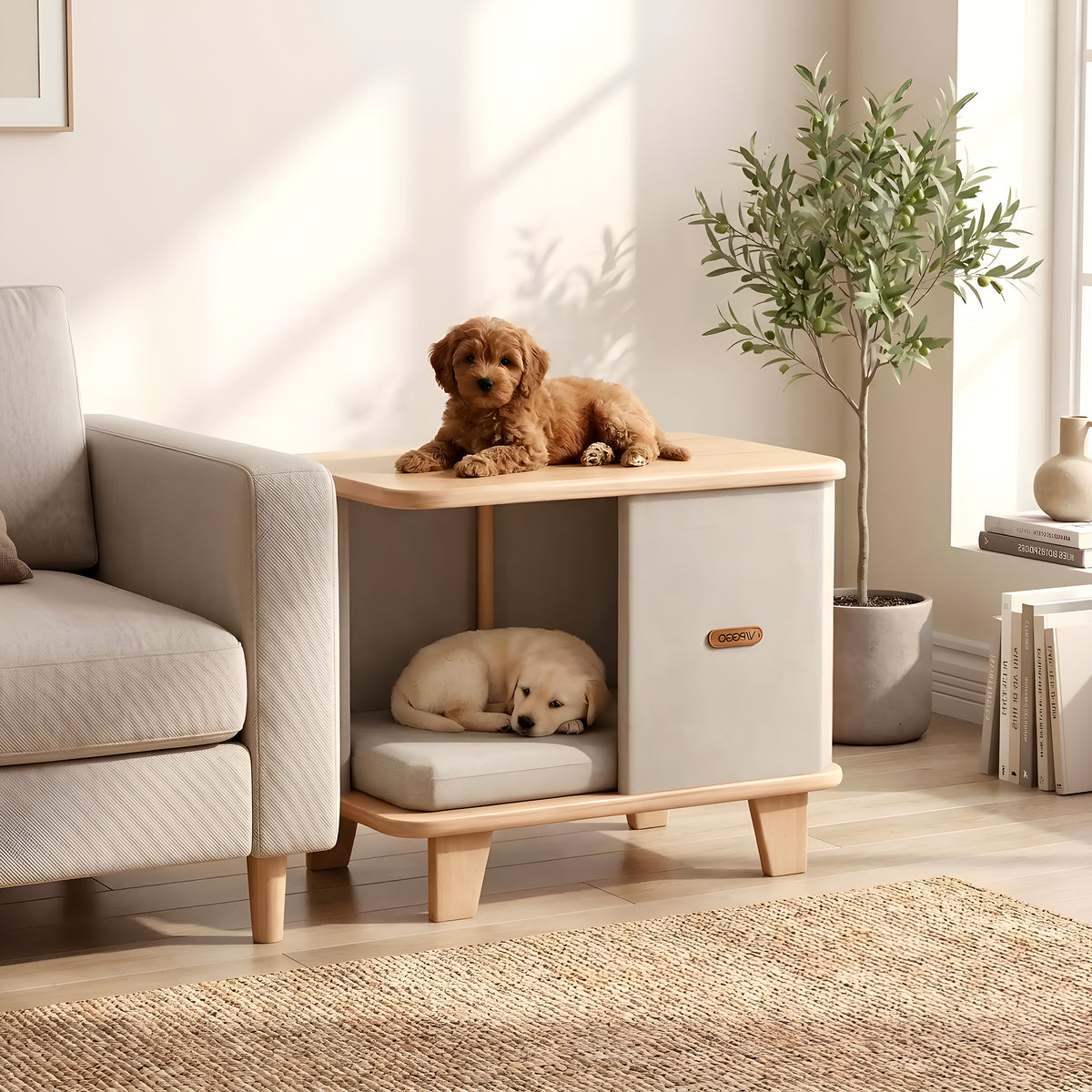 Meuble niche design en bois avec coussin pour petit chien