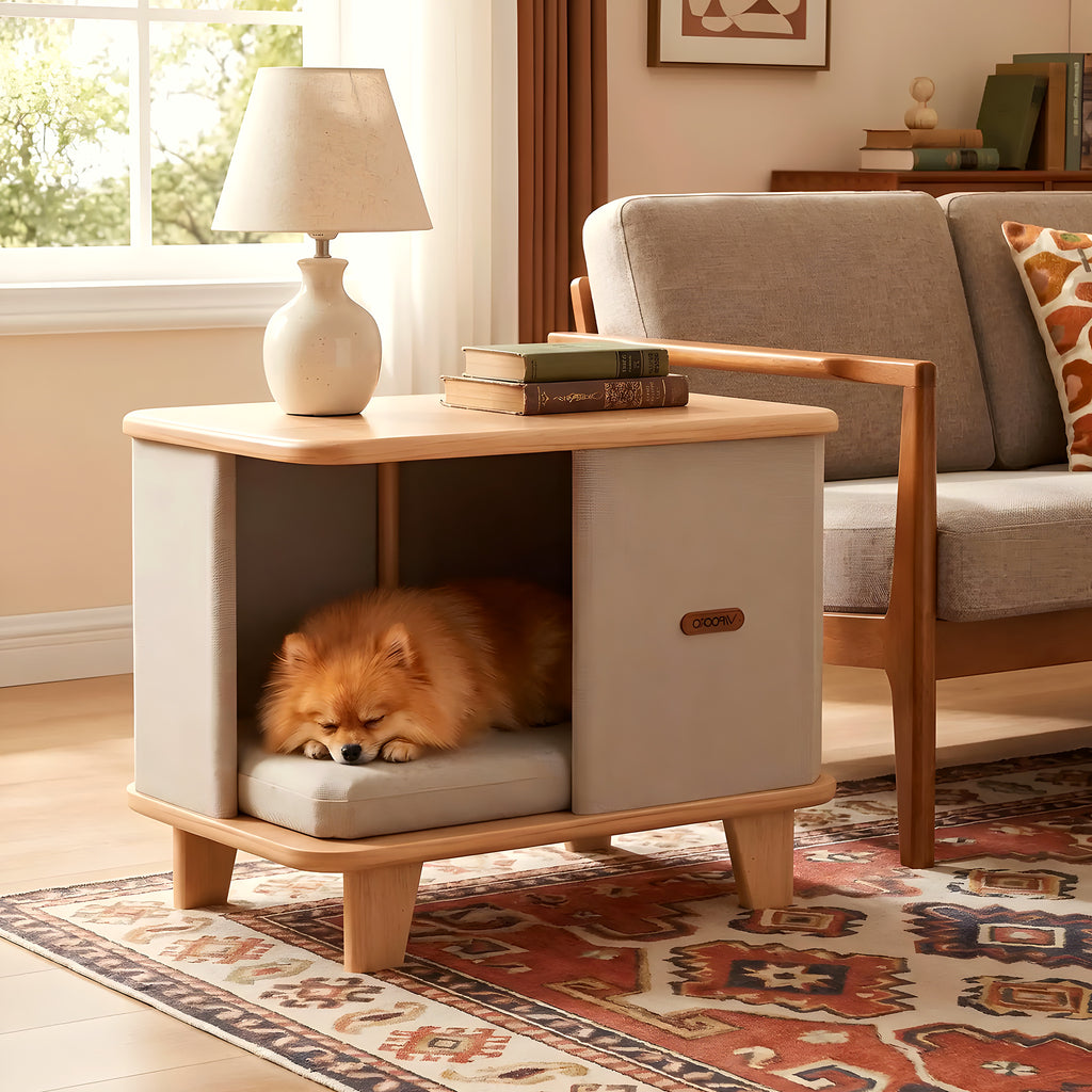 Meuble niche design en bois avec coussin pour petit chien