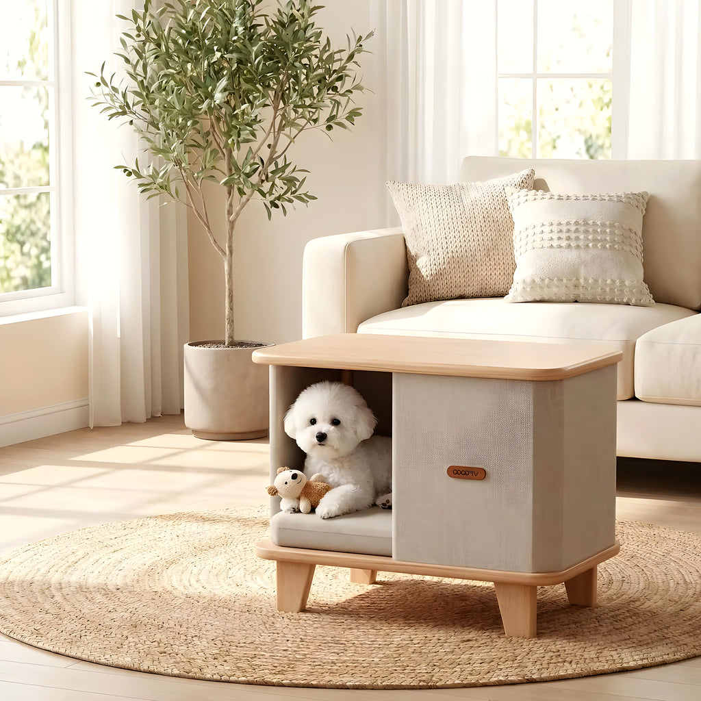 Meuble niche design en bois avec coussin pour petit chien