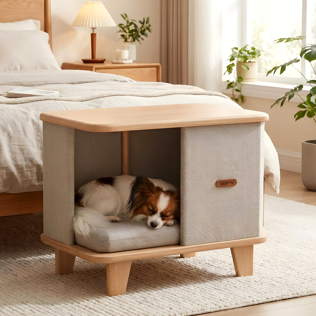 Meuble niche design en bois avec coussin pour petit chien