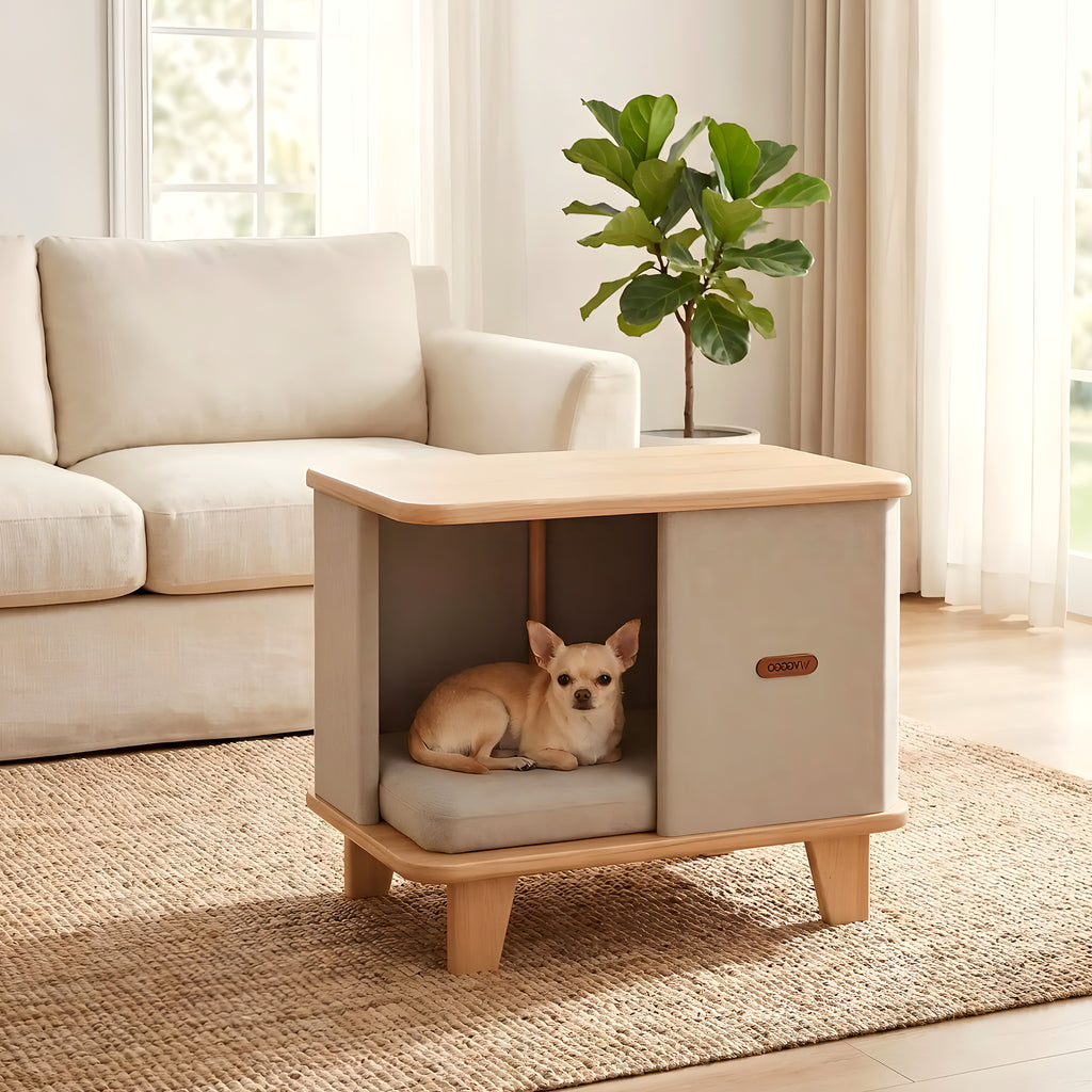 Meuble niche design en bois avec coussin pour petit chien