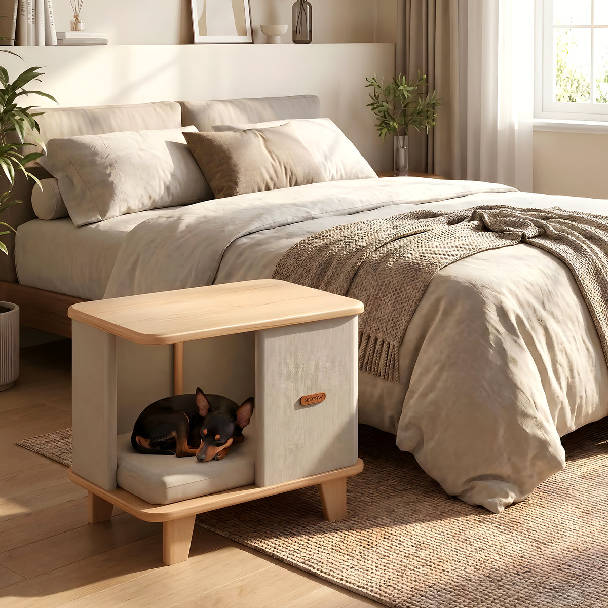 Meuble niche design en bois avec coussin pour petit chien