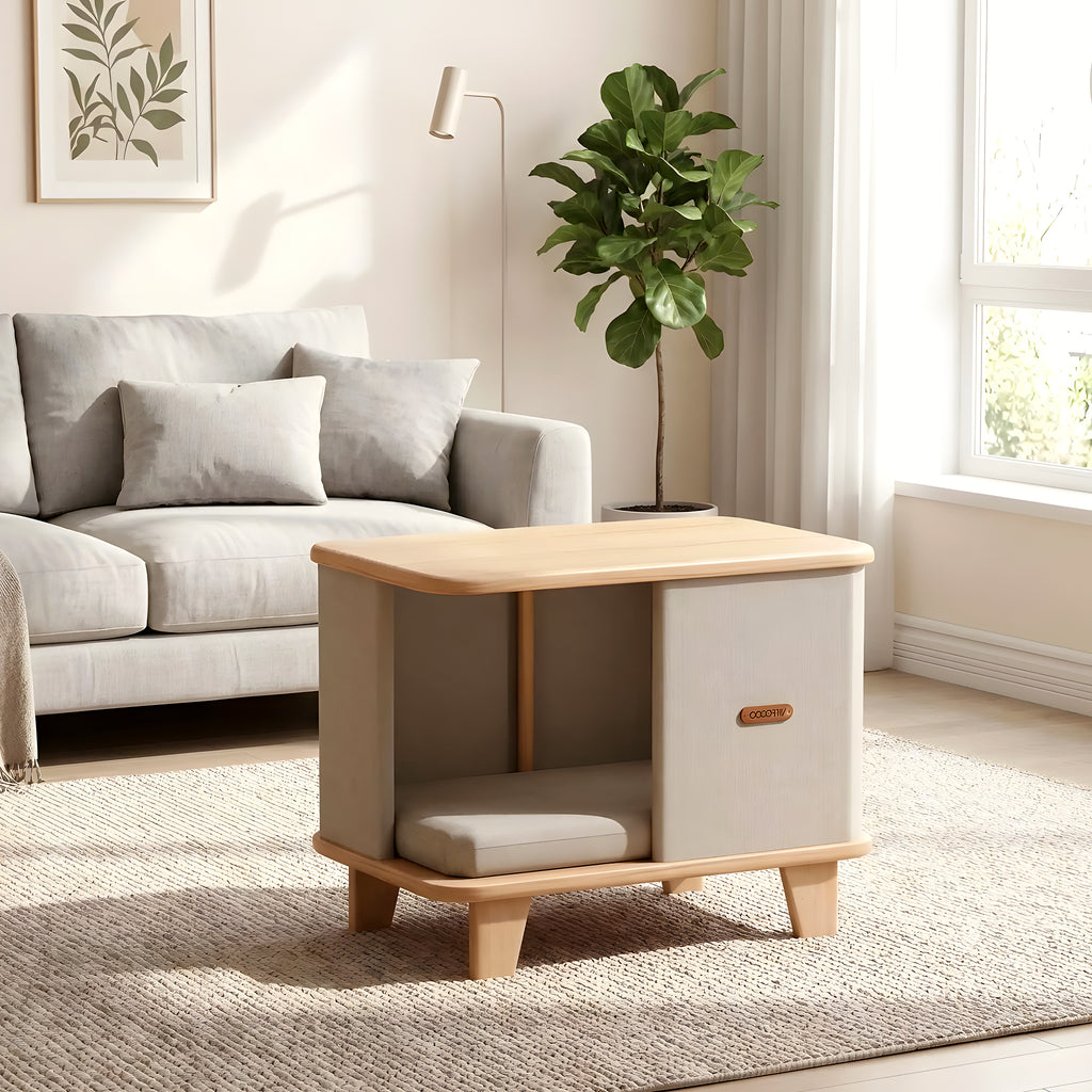 Meuble niche design en bois avec coussin pour petit chien